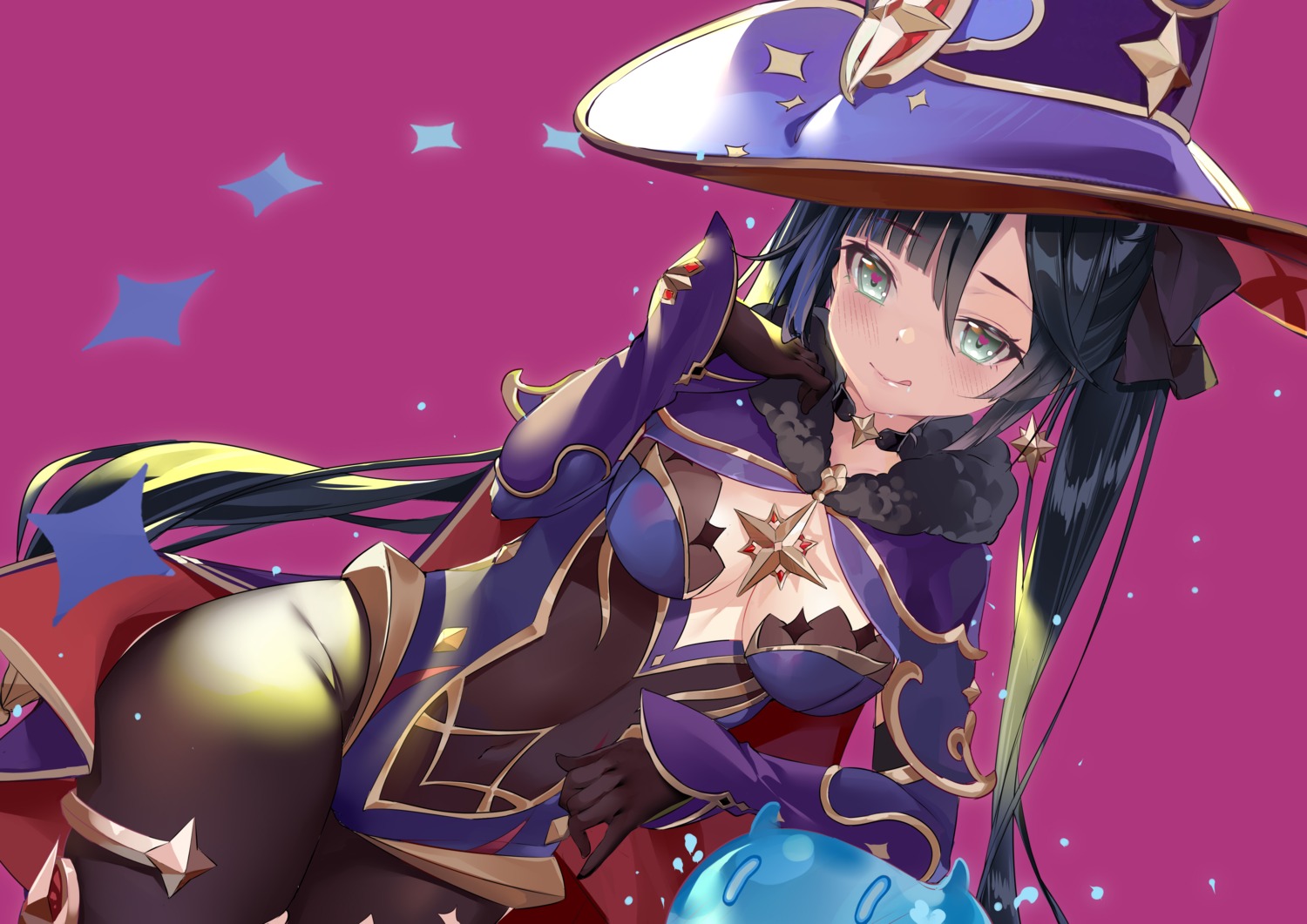 garter, genshin_impact, kikimi, leotard, mona_megistus, no_bra, pantyhose, witch
