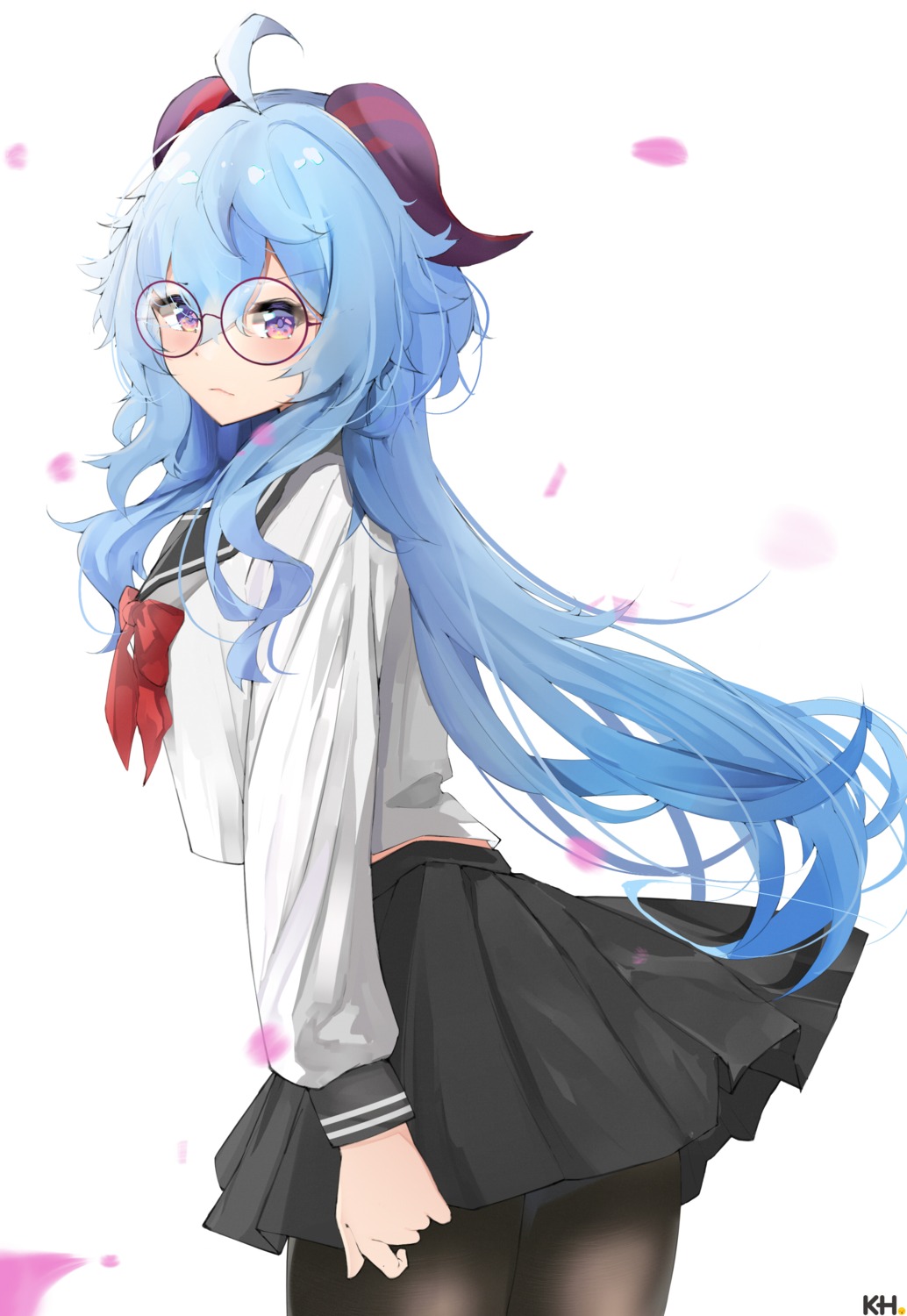 ganyu, genshin_impact, horns, kebohan, megane, pantyhose, seifuku, skirt_lift