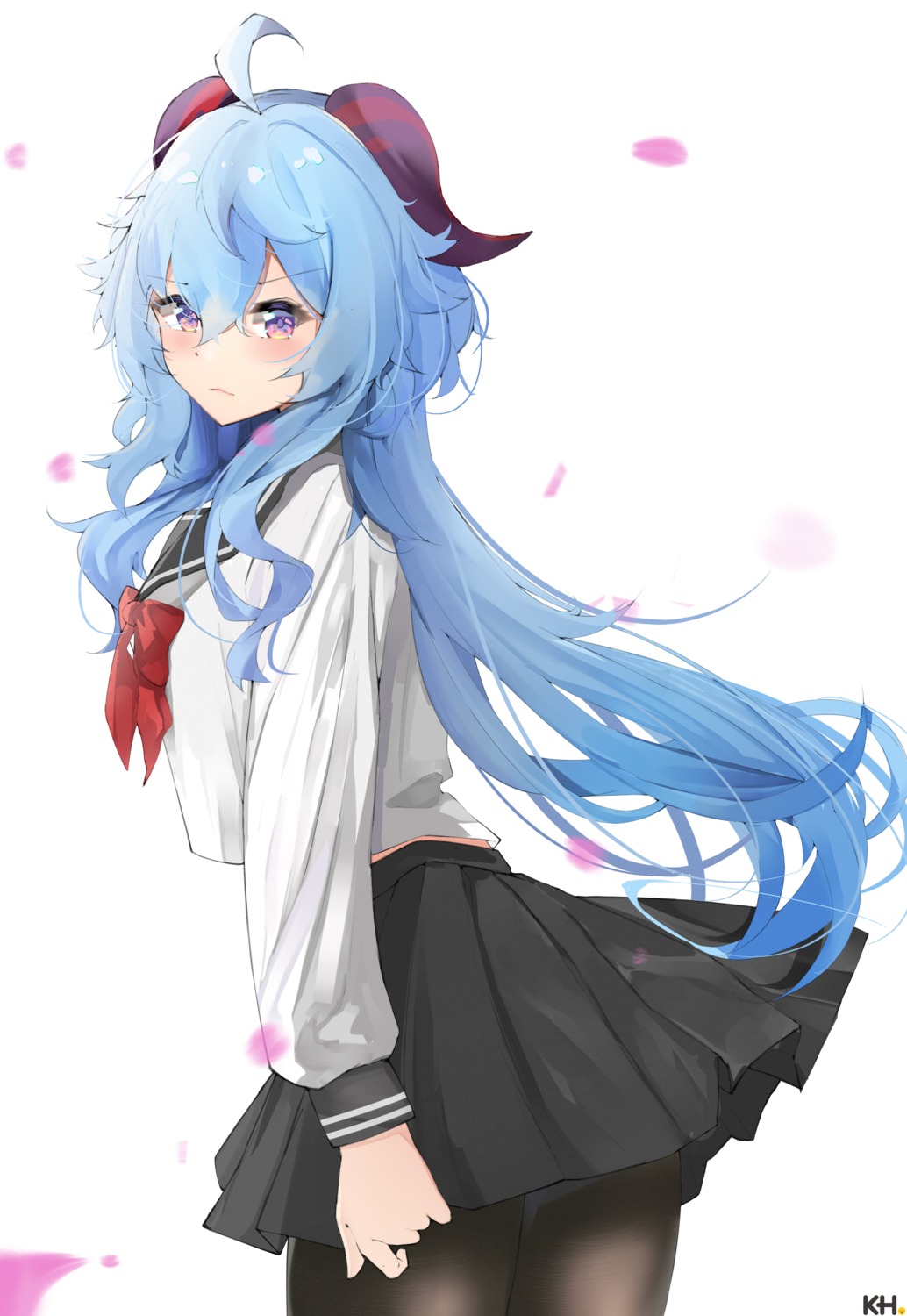 ganyu, genshin_impact, horns, kebohan, pantyhose, seifuku, skirt_lift