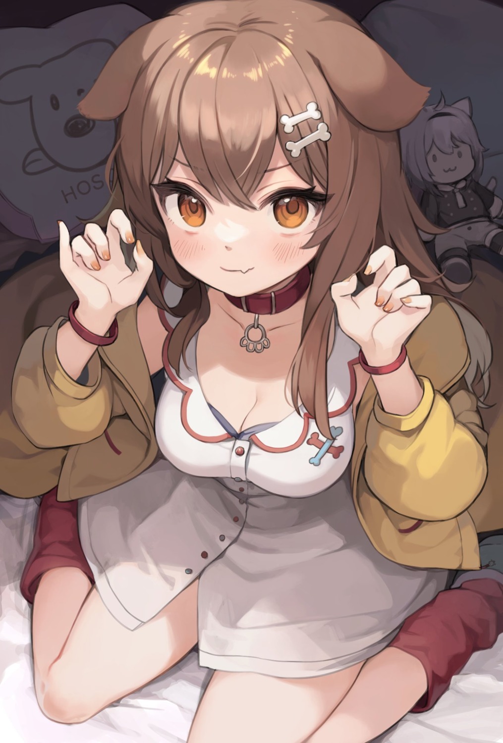 animal_ears, chibi, cleavage, dress, hololive, hololive_gamers, inugami_korone, inumimi, kurige_horse, nekomata_okayu, nekomimi
