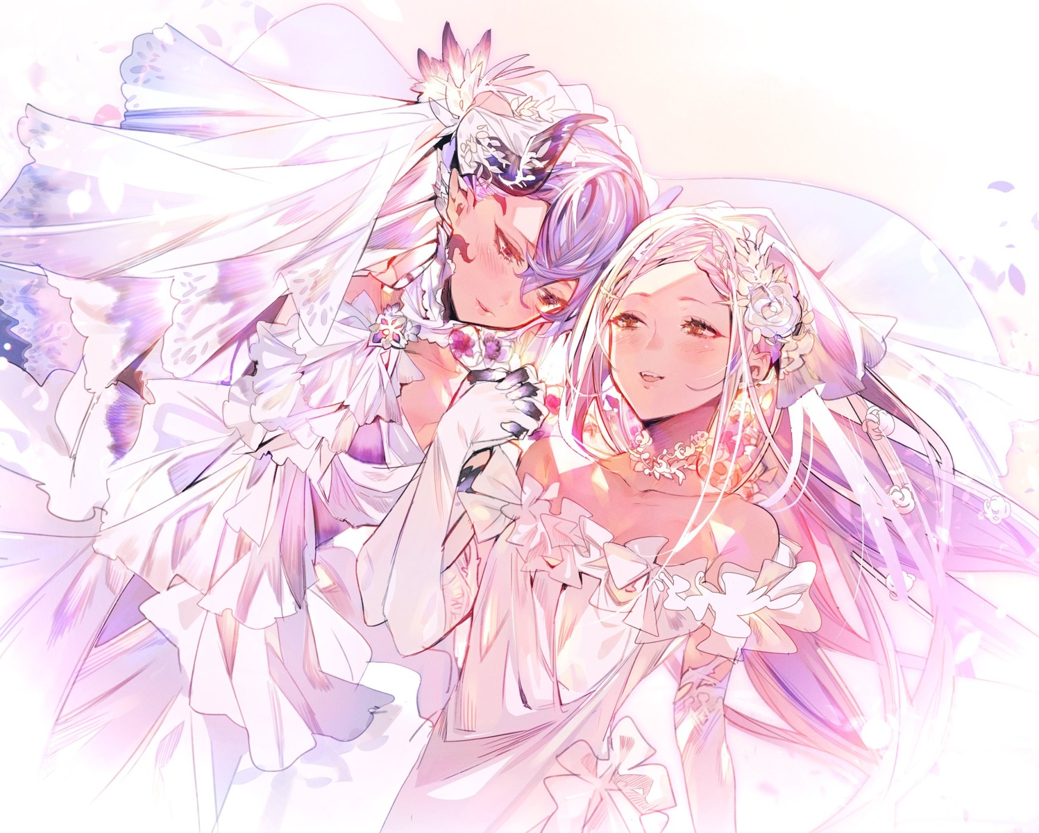 dress, horns, mayutsuba_mono, pointy_ears, wedding_dress, yuri