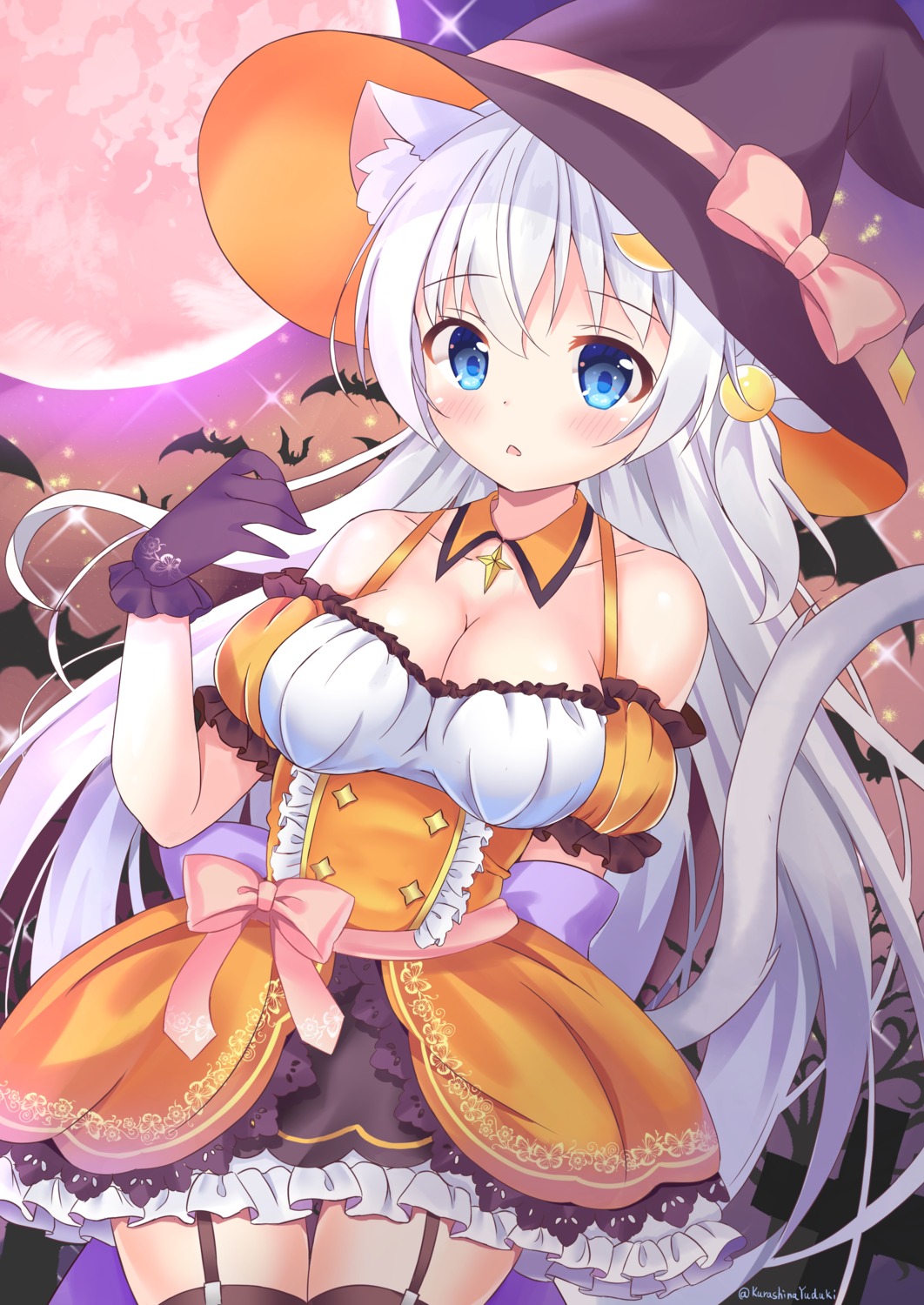 animal_ears, cleavage, halloween, kurashina_yuzuki, nekomimi, stockings, tail, thighhighs