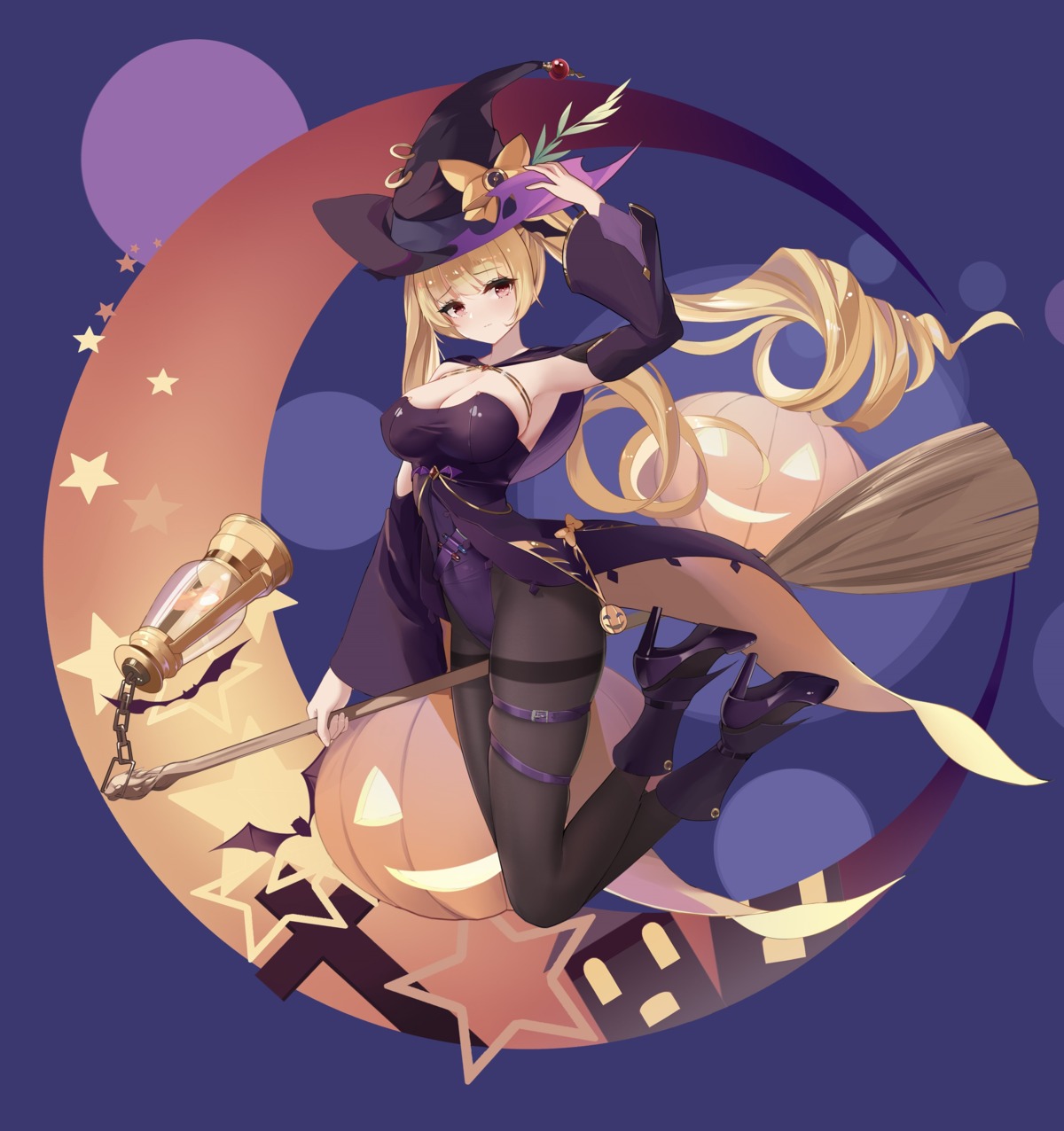 azur_lane, cleavage, garter, halloween, heels, leotard, nelson_(azur_lane), no_bra, pantyhose, witch, yuuraku_yuraku