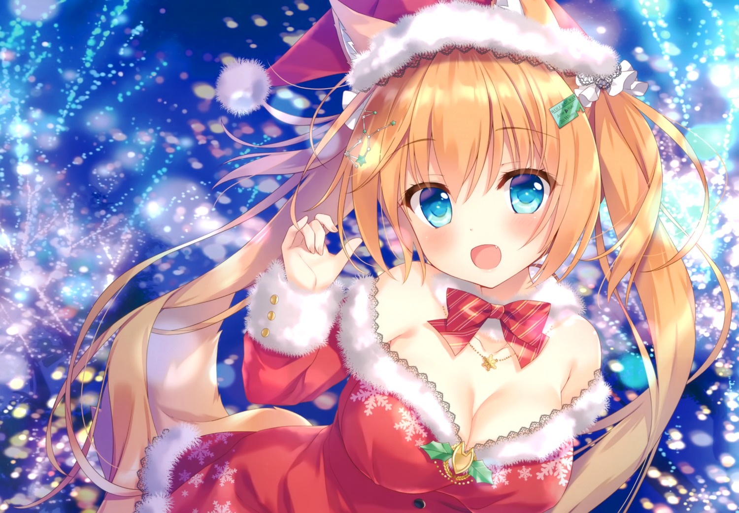ame_nochi_yuki, ameto_yuki, animal_ears, christmas, cleavage, dress, ekichou_ookami_(ameto_yuki), tail