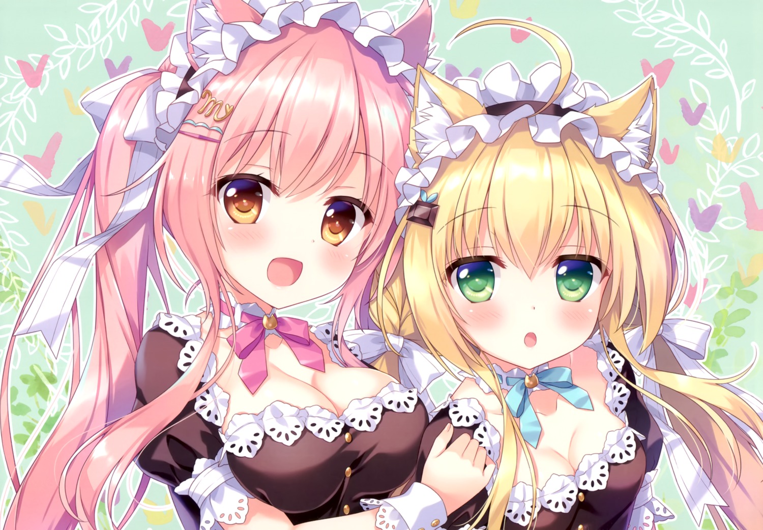 ame_nochi_yuki, ameto_yuki, animal_ears, choco_mint_(ameto_yuki), cleavage, macaron_(ameto_yuki), maid, nekomimi