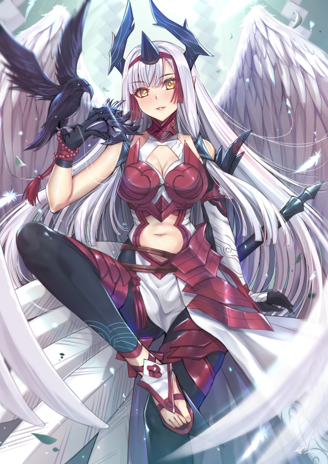 armor, cleavage, fate/grand_order, horns, pointy_ears, thighhighs, tsang_yu_chun, wings