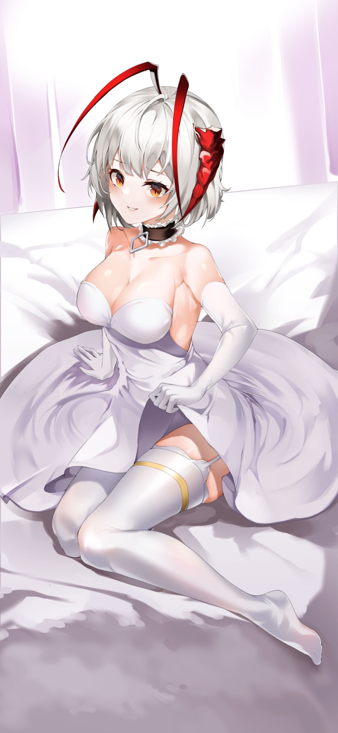 arknights, cleavage, dress, horns, nevin_(flyskying), no_bra, skirt_lift, stockings, thighhighs, w_(arknights), wedding_dress