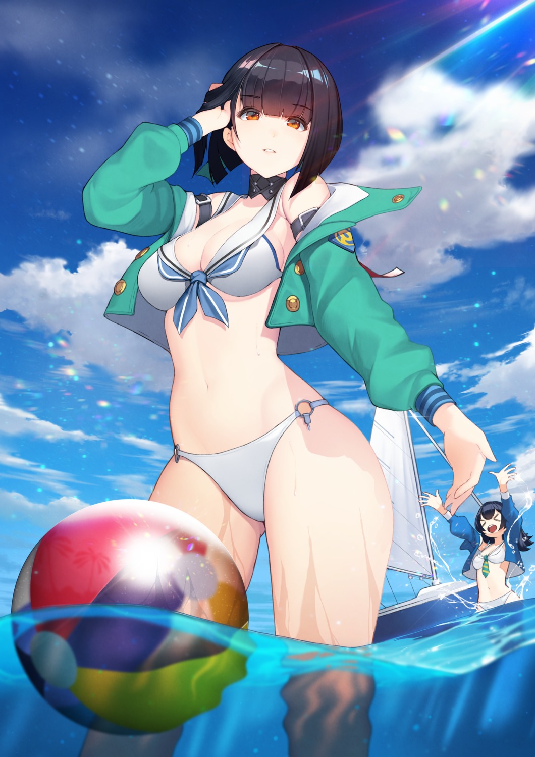 atago_(blue_oath), bikini, blue_oath, cleavage, migu_(iws2525), open_shirt, swimsuits, takao_(blue_oath), uniform, wet