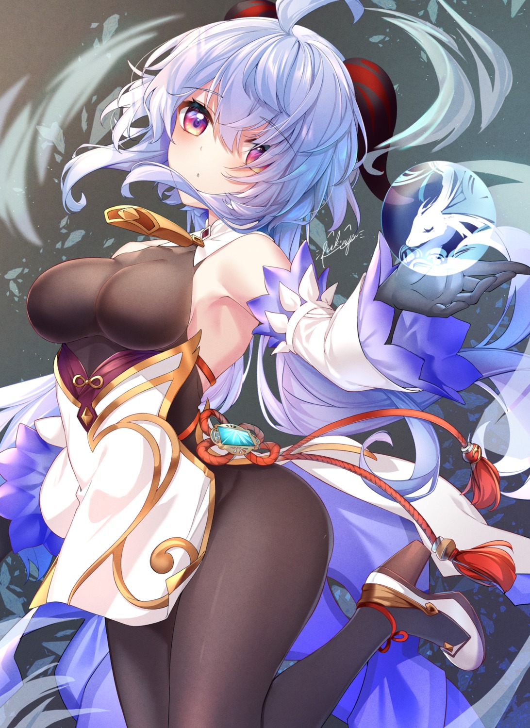 asian_clothes, ganyu, genshin_impact, heels, horns, rukinya_(nyanko_mogumogu)