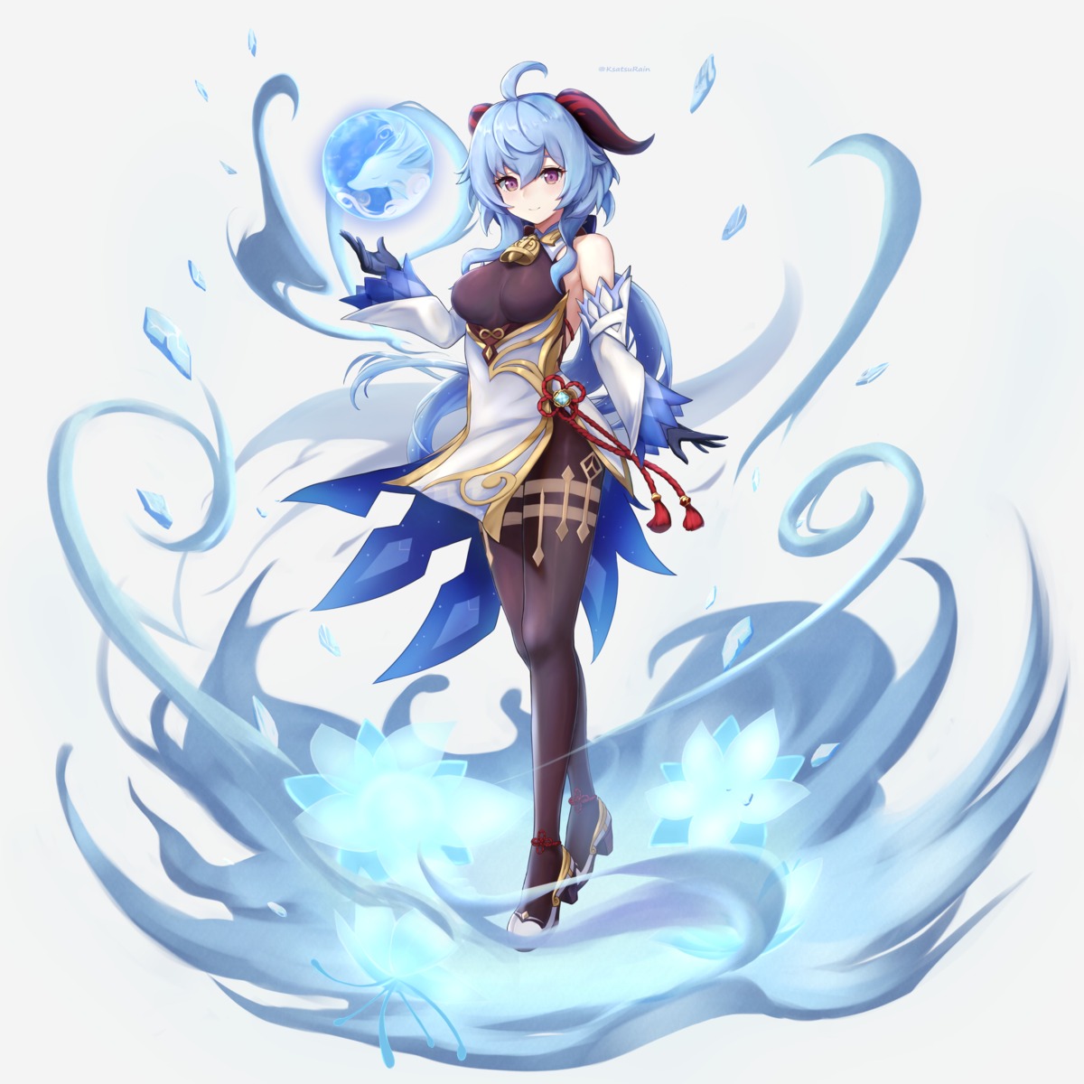 amano_kusatsu, asian_clothes, ganyu, genshin_impact, heels, horns, thighhighs