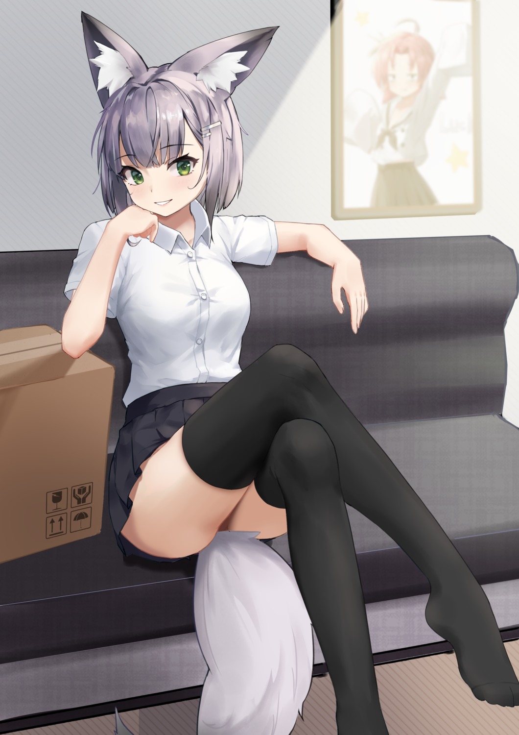 animal_ears, feet, kitsune, seifuku, skirt_lift, tail, thighhighs, yoruciel