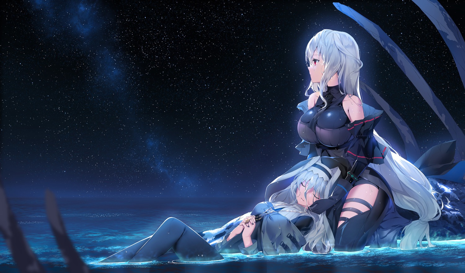 arknights, garter, landscape, li_zhiheng, nun, skadi_(arknights), specter_(arknights), thighhighs, wet