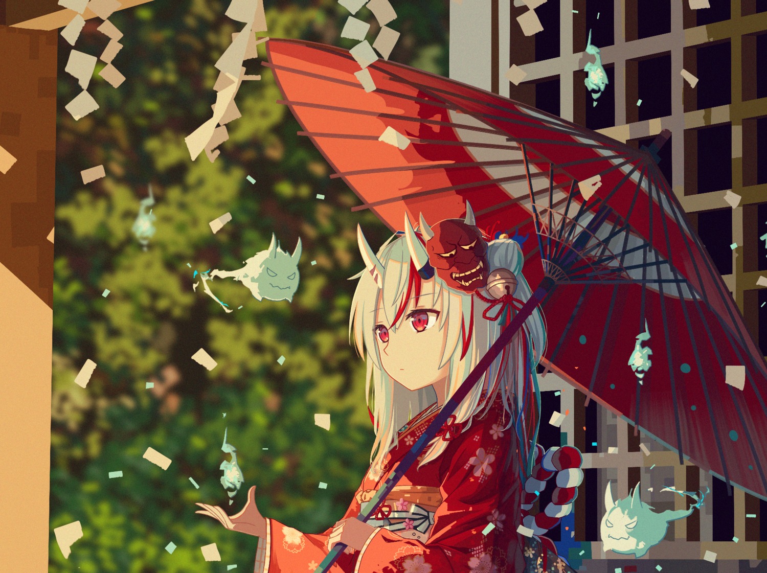 hololive, horns, kimono, koyuki_ekaki, nakiri_ayame, umbrella