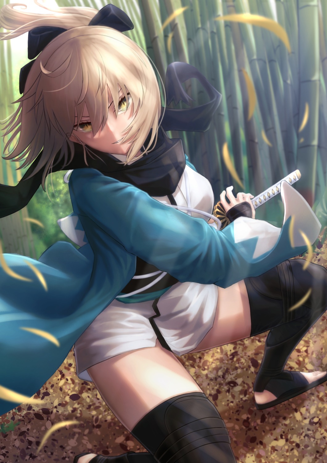 fate/grand_order, ichi_yoshida, japanese_clothes, okita_souji_(fate), skirt_lift, sword, thighhighs