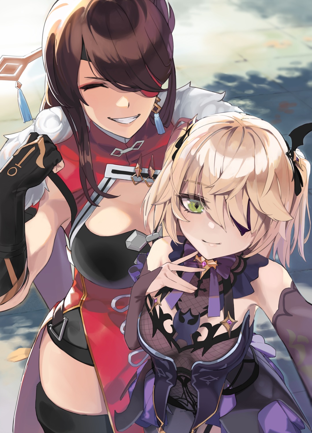 beidou, eyepatch, fischl, fishnets, genshin_impact, lempika, leotard, thighhighs, uniform