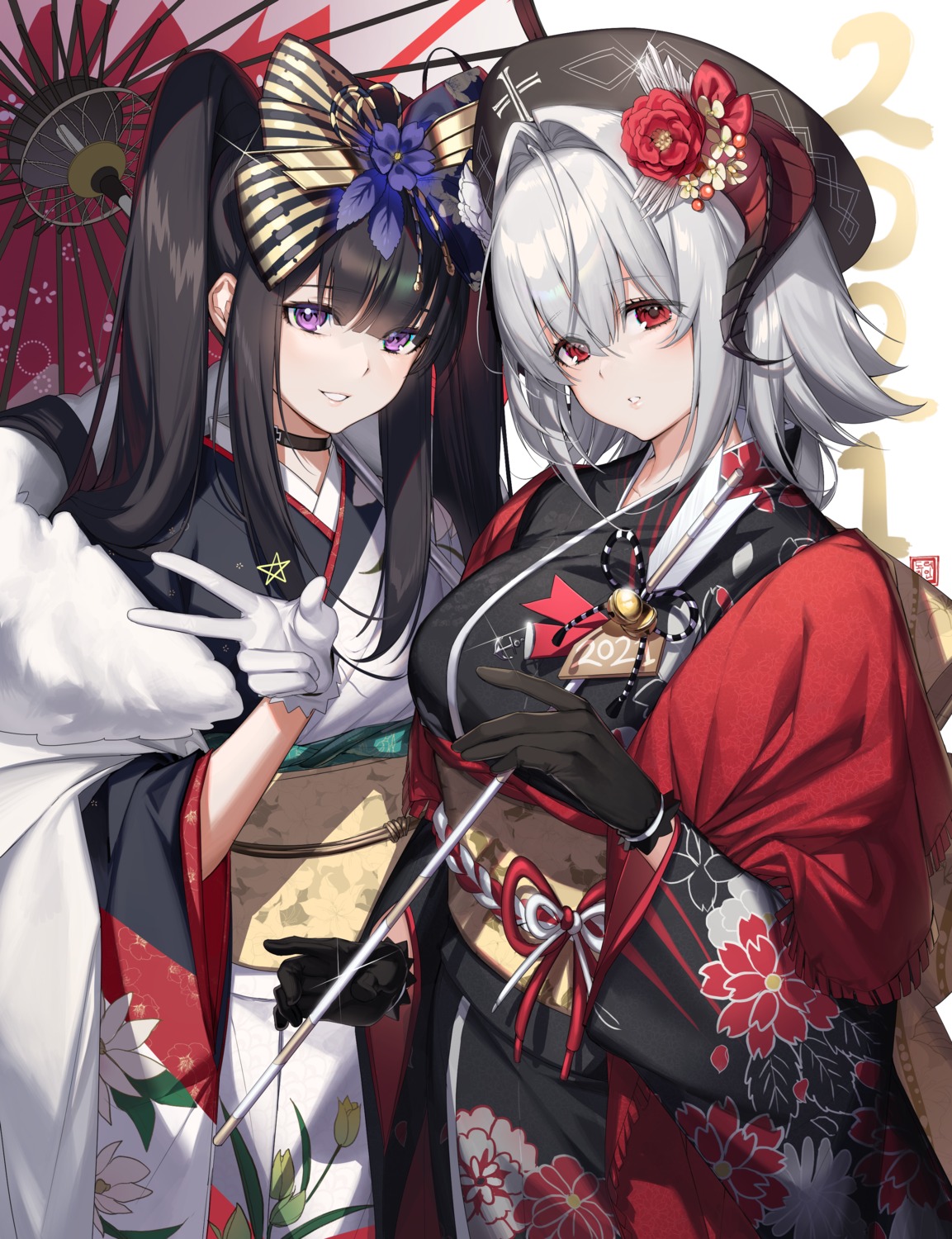 artist_revision, azur_lane, horns, kimono, myo_ne, nurnberg_(azur_lane), peter_strasser_(azur_lane), umbrella