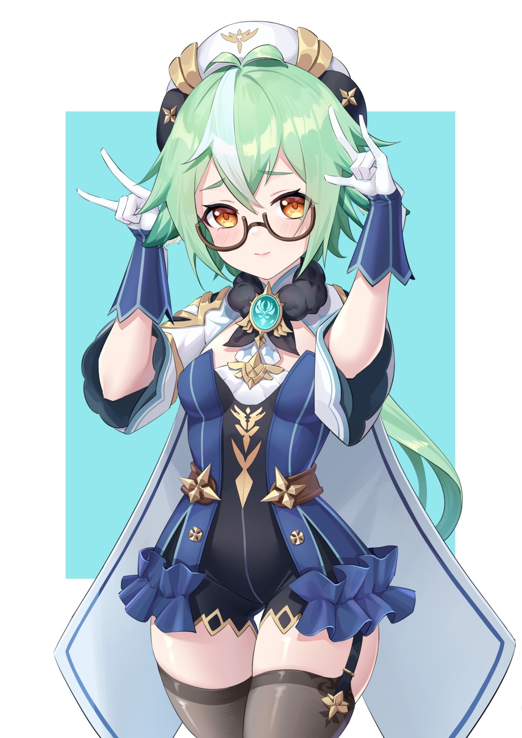 animal_ears, genshin_impact, megane, stockings, sucrose, thighhighs, wan_xing