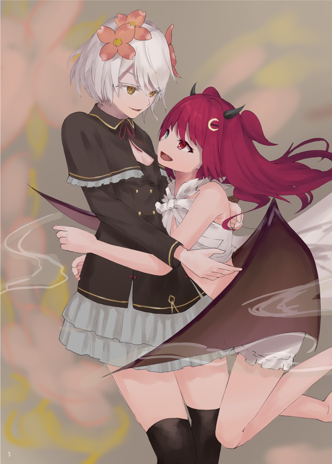 bloomers, cleavage, gachirin, heterochromia, horns, kudou_chitose, nijisanji, thighhighs, wings, yuri, yuzuki_roa