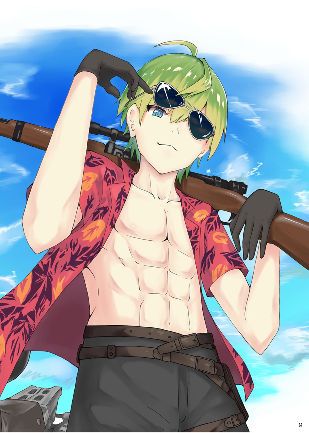 gachirin, gun, male, megane, nijisanji, open_shirt, shibuya_hajime, weapon