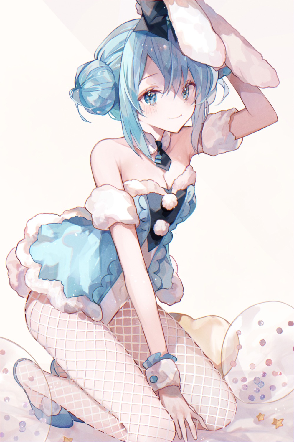 animal_ears, bicute_bunnies_miku, bunny_ears, bunny_girl, cleavage, fishnets, hatsune_miku, no_bra