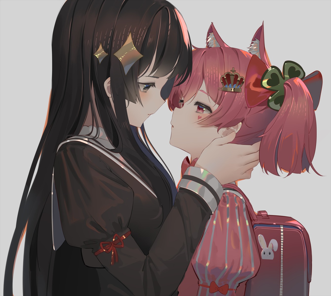 animal_ears, assault_lily, hitotsuyanagi_riri, hk_(hk), nekomimi, seifuku, shirai_yuyu, tattoo