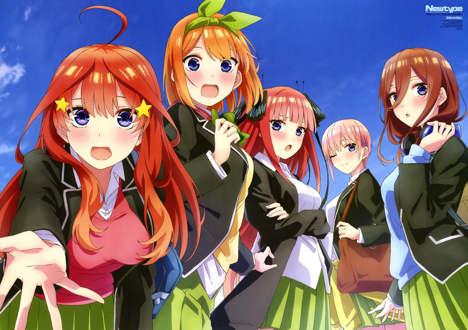 5-toubun_no_hanayome, headphones, nakano_ichika, nakano_itsuki, nakano_miku, nakano_nino, nakano_yotsuba, seifuku