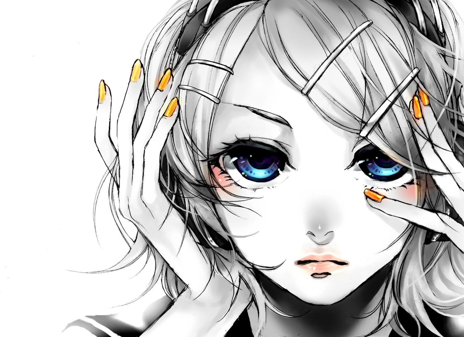 akiakane, kagamine_rin, migikata_no_chou_(vocaloid), monochrome, vocaloid