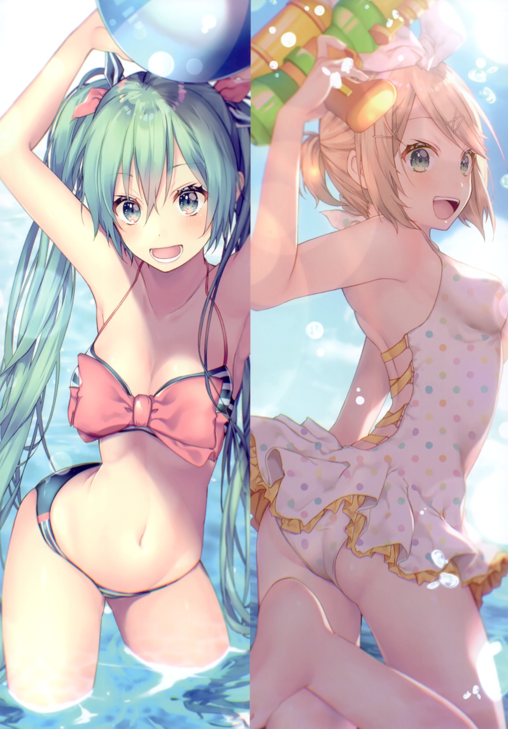 ass, bikini, cleavage, hatsune_miku, kagamine_rin, shiomizu, swimsuits, vocaloid, wet