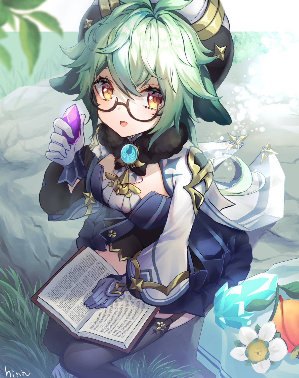 genshin_impact, hi-na1, megane, stockings, sucrose, thighhighs