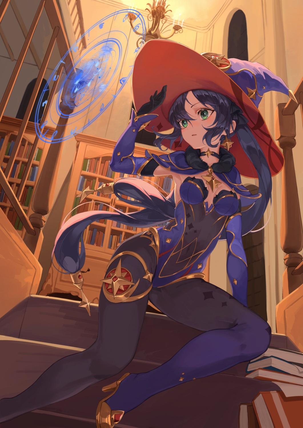 cleavage, garter, genshin_impact, heels, leotard, mona_megistus, no_bra, pantyhose