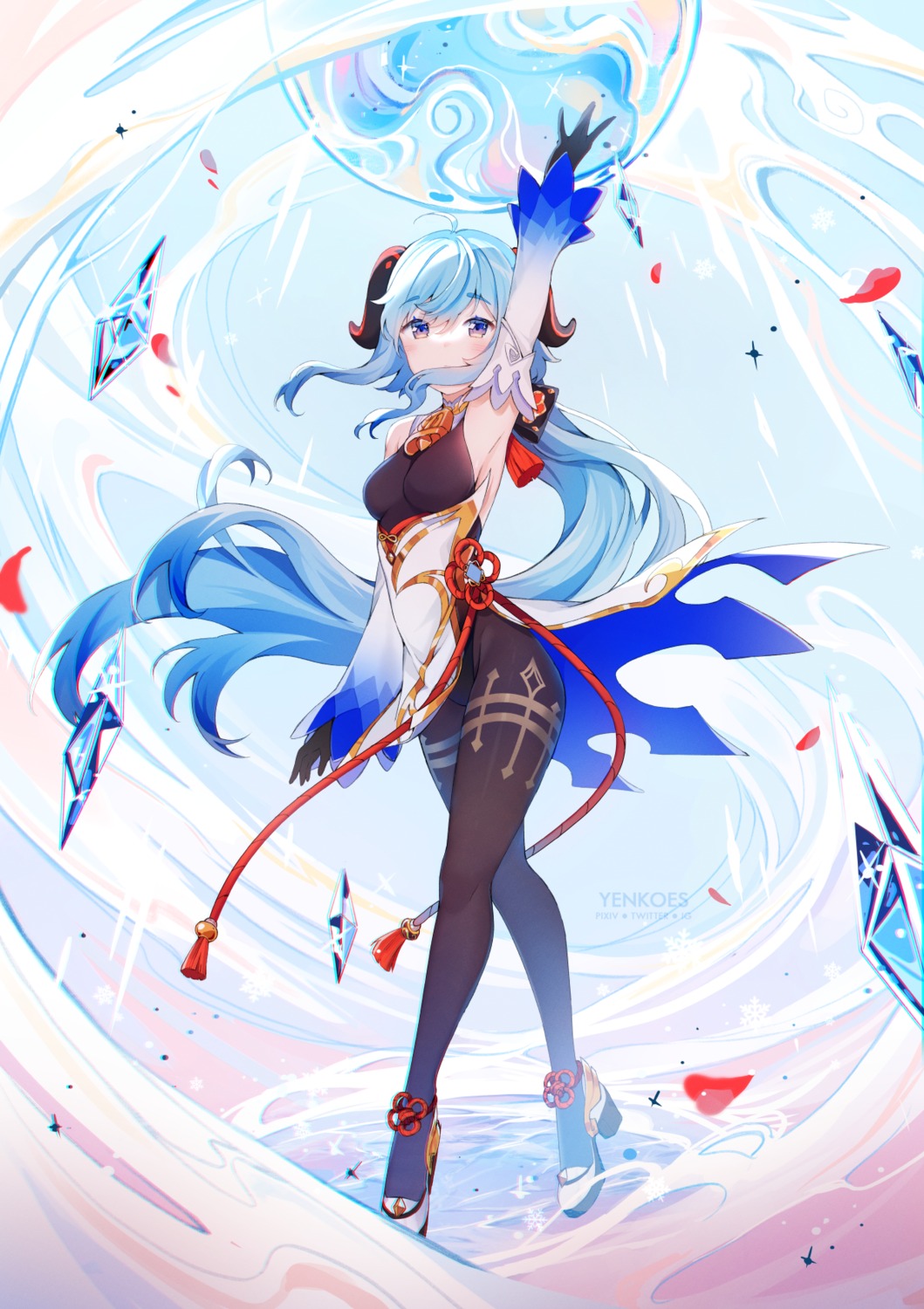 asian_clothes, ganyu, genshin_impact, heels, horns, leotard, pantyhose, skirt_lift