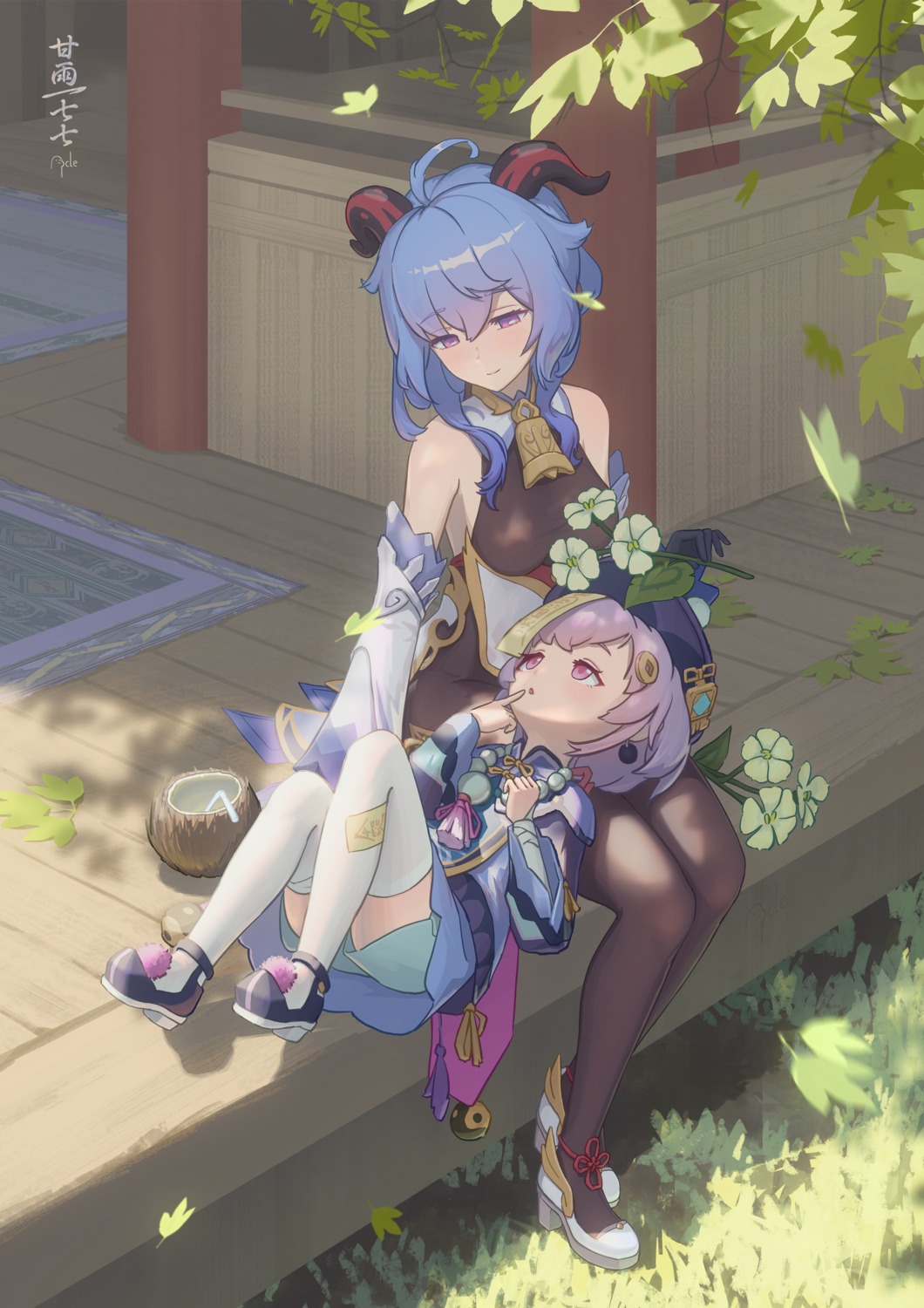 ancle_(aruncle), asian_clothes, bodysuit, ganyu, genshin_impact, heels, horns, qiqi, skirt_lift, thighhighs