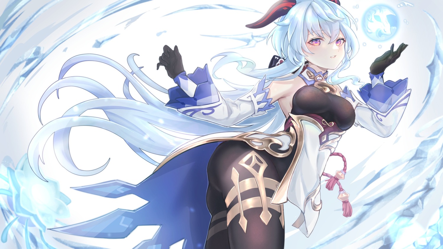 asian_clothes, ganyu, genshin_impact, horns, kisaragi_chiyuki, leotard, pantyhose, skirt_lift