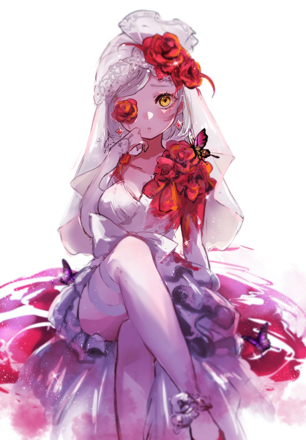 beni_ttt, dress, eyepatch, garter, identity_v, sketch, skirt_lift, thighhighs