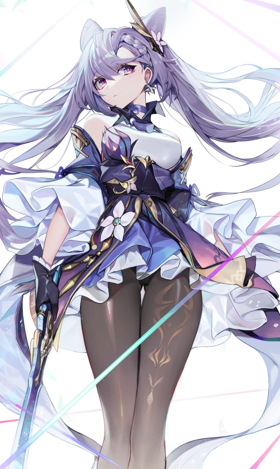 asian_clothes, chyan, genshin_impact, keqing, pantsu, pantyhose, skirt_lift, sword