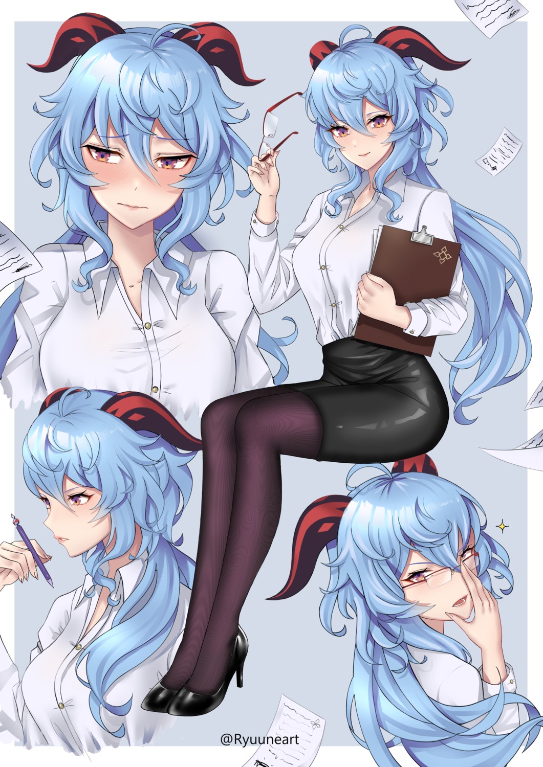 dress_shirt, ganyu, genshin_impact, heels, horns, megane, ryuuneart