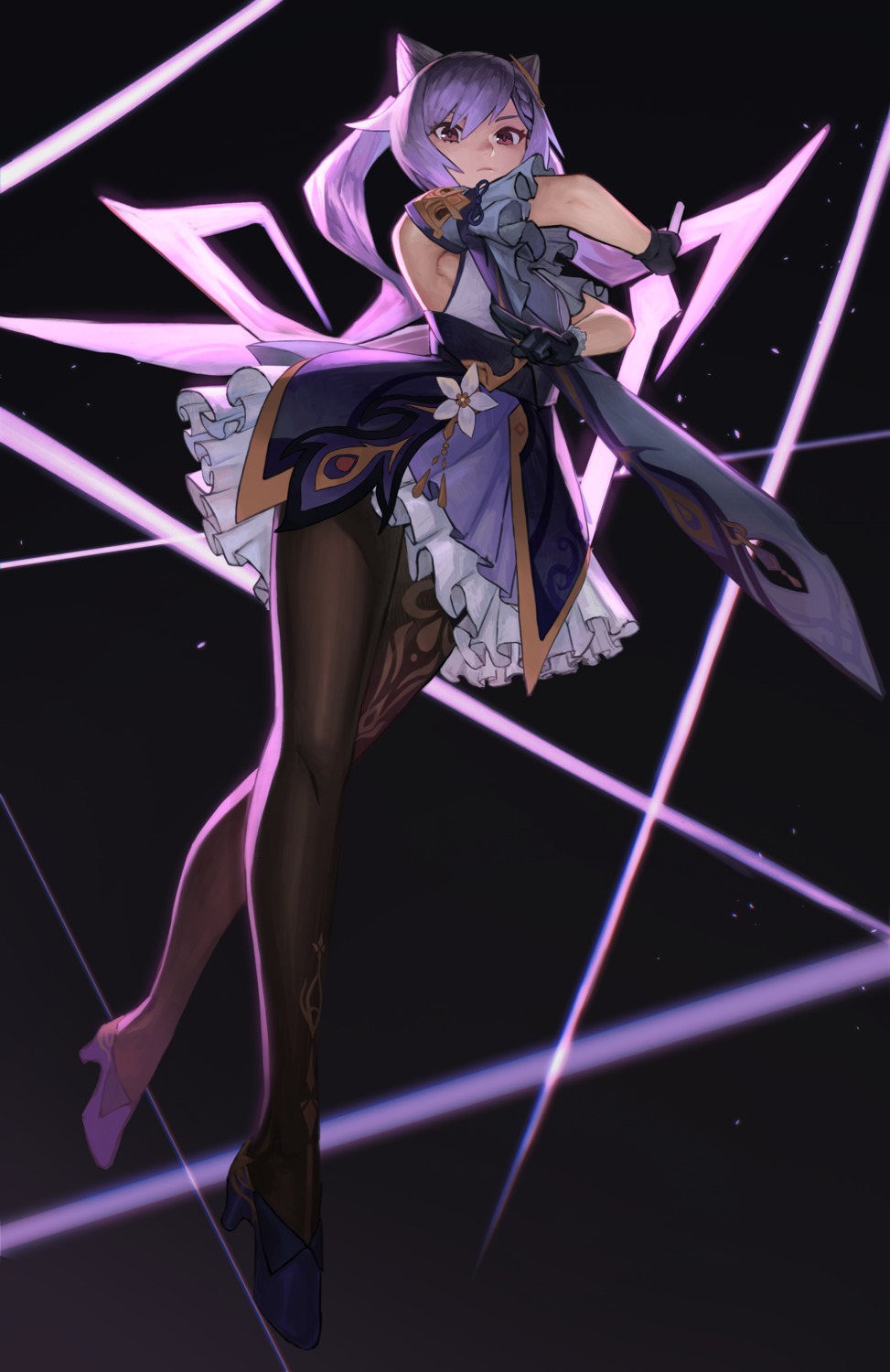 asian_clothes, genshin_impact, heels, keqing, konoike_(pepe_expect), pantyhose, sword