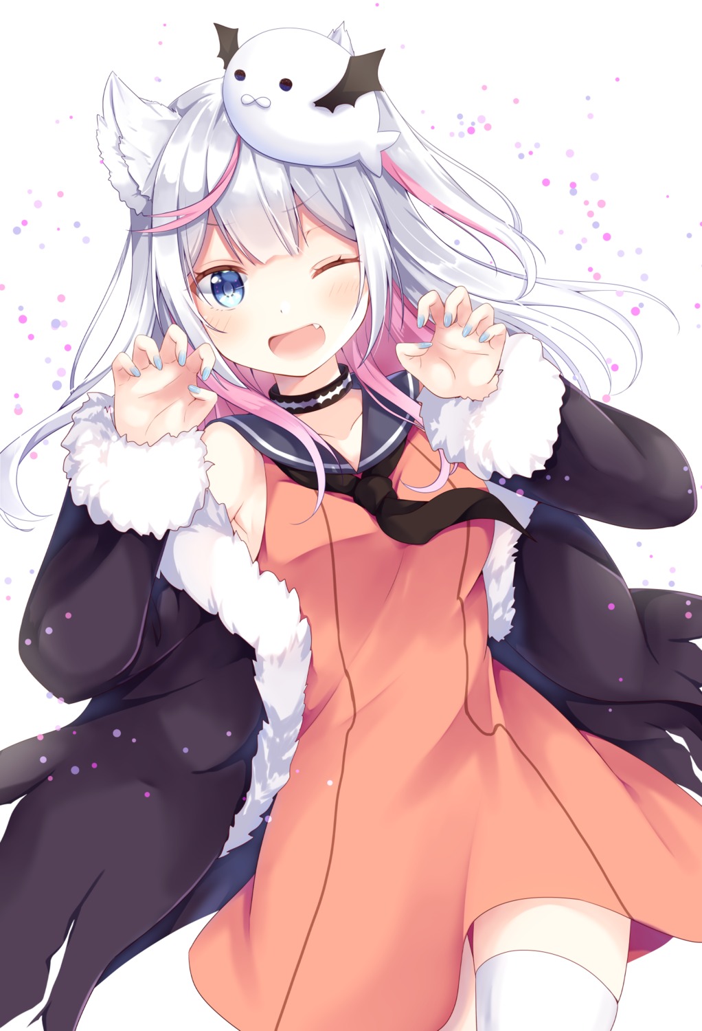 animal_ears, gomano_rio, gomano_rio_(vtuber), inumimi, no_bra, seifuku, skirt_lift, thighhighs