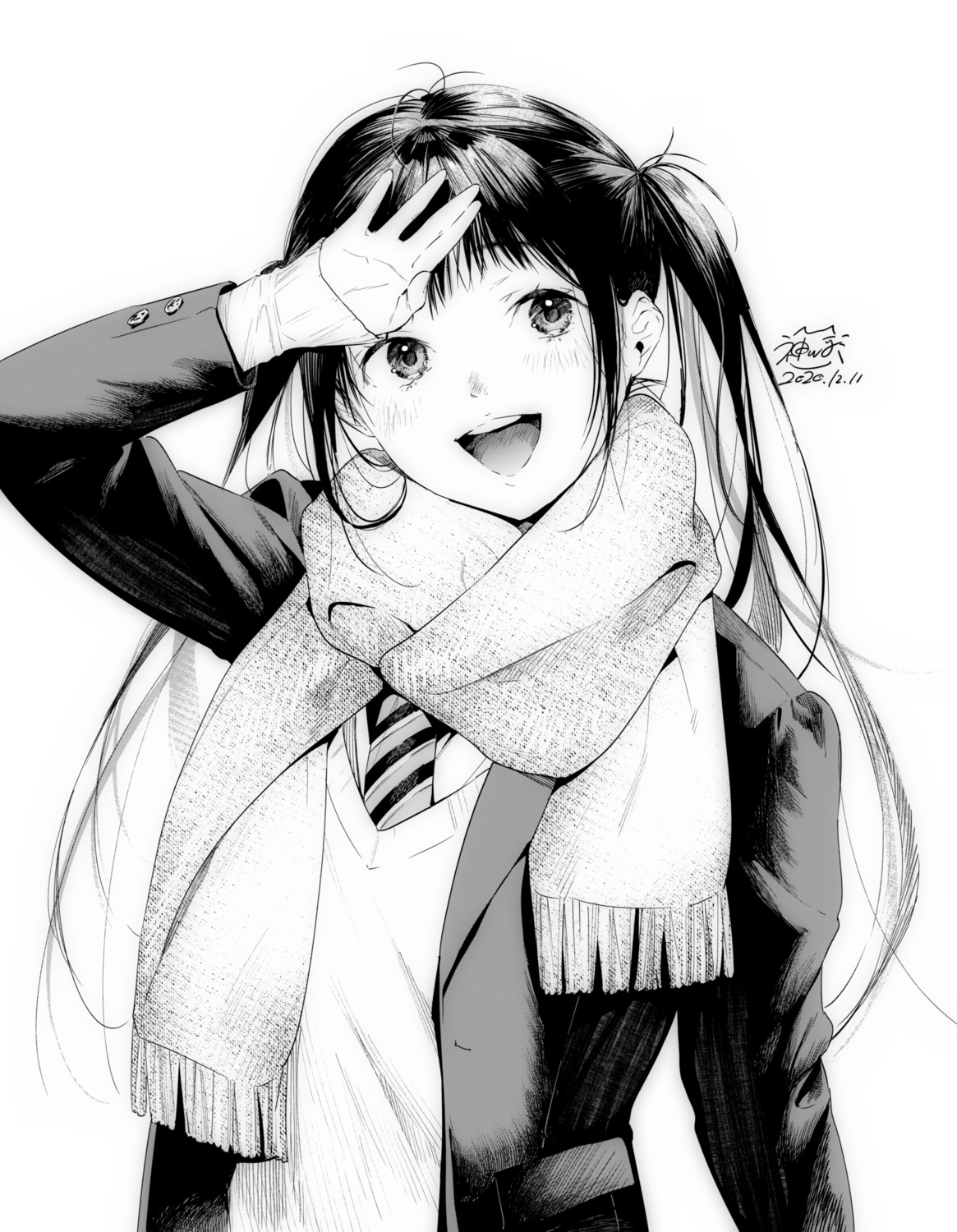 kamiyama_aya, monochrome, seifuku, sweater