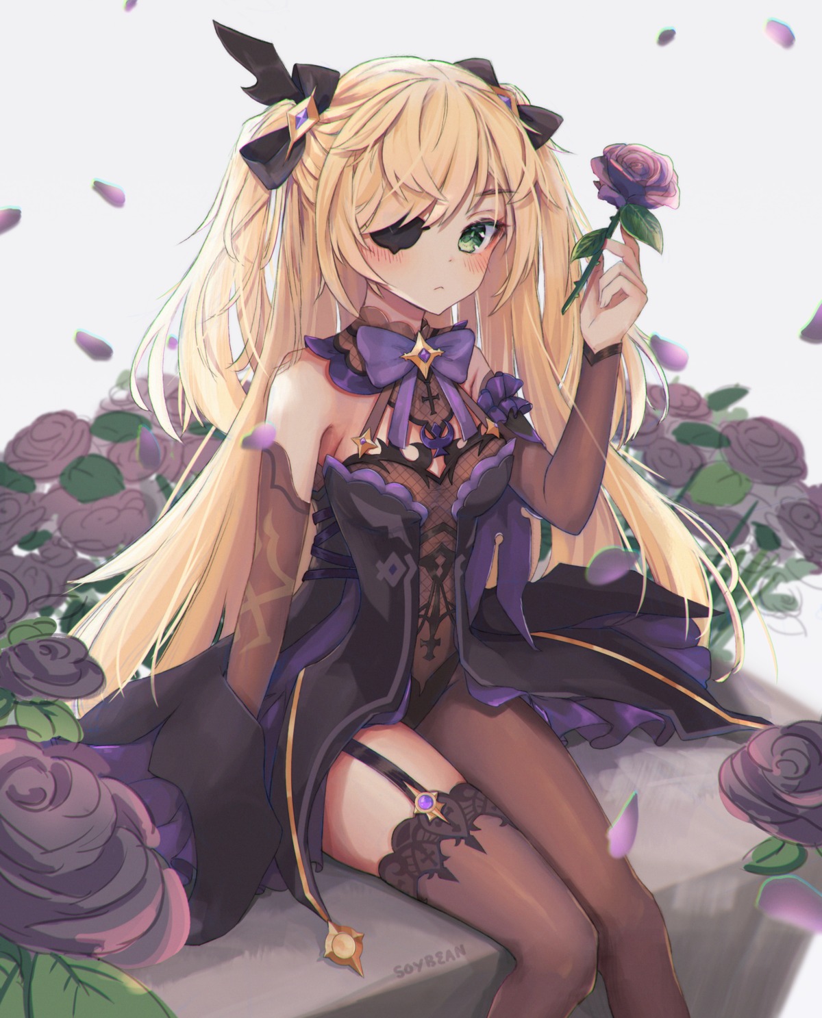 eyepatch, fischl, fishnets, genshin_impact, leotard, soybean_(hisoybean), stockings, thighhighs