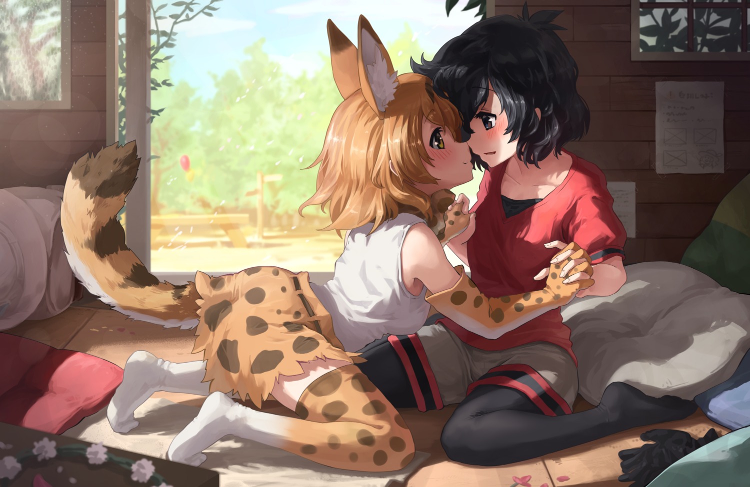animal_ears, kaban_(kemono_friends), kemono_friends, melaton, pantyhose, serval, skirt_lift, tail, thighhighs, yuri
