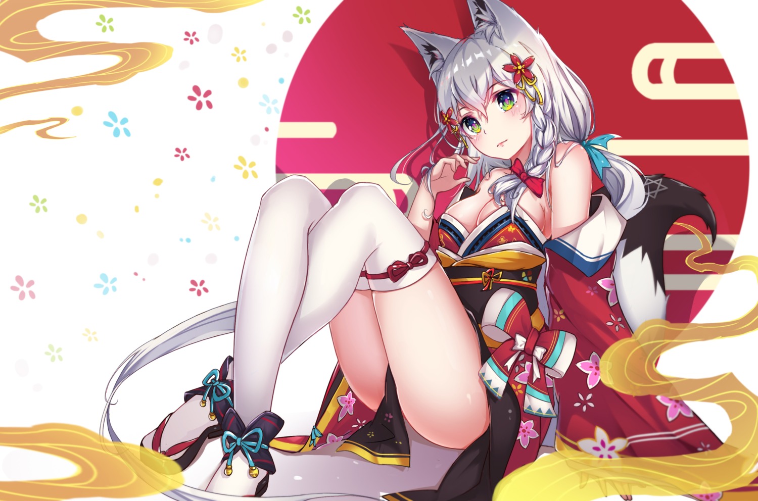 animal_ears, aoman_de_cangshu, hololive, hololive_gamers, japanese_clothes, kitsune, no_bra, shirakami_fubuki, skirt_lift, tail, thighhighs
