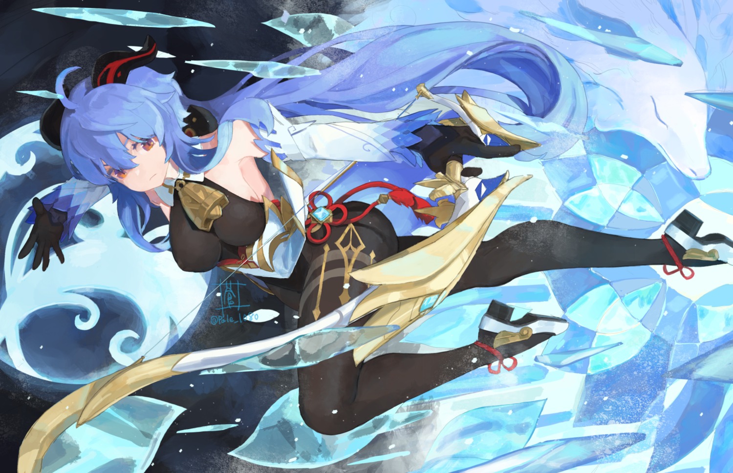 asian_clothes, erect_nipples, ganyu, genshin_impact, heels, horns, leotard, pantyhose, skirt_lift, sou_(pale_1080), weapon