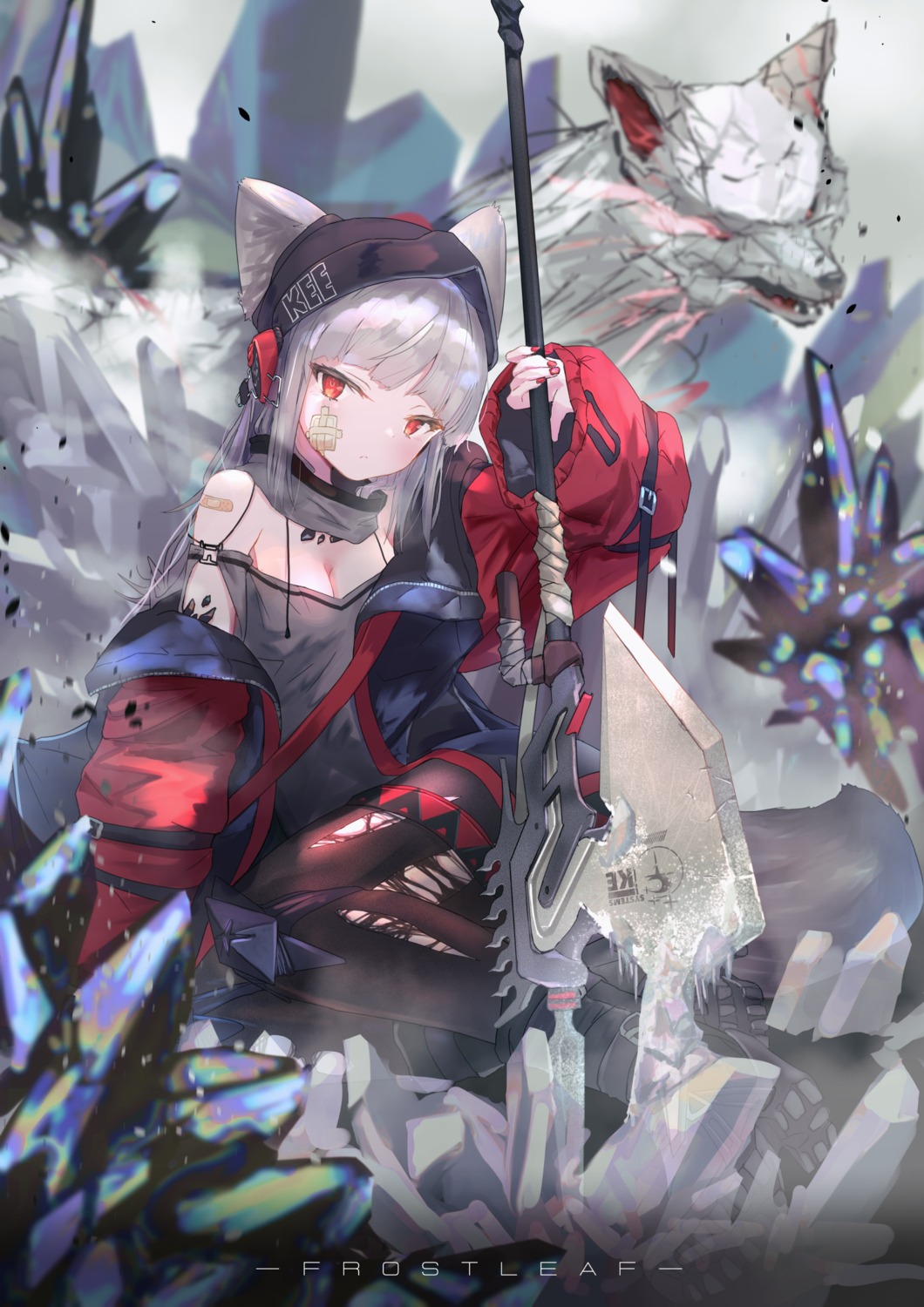 animal_ears, arknights, bandaid, cleavage, frostleaf_(arknights), garter, monster, msz0062zeta2