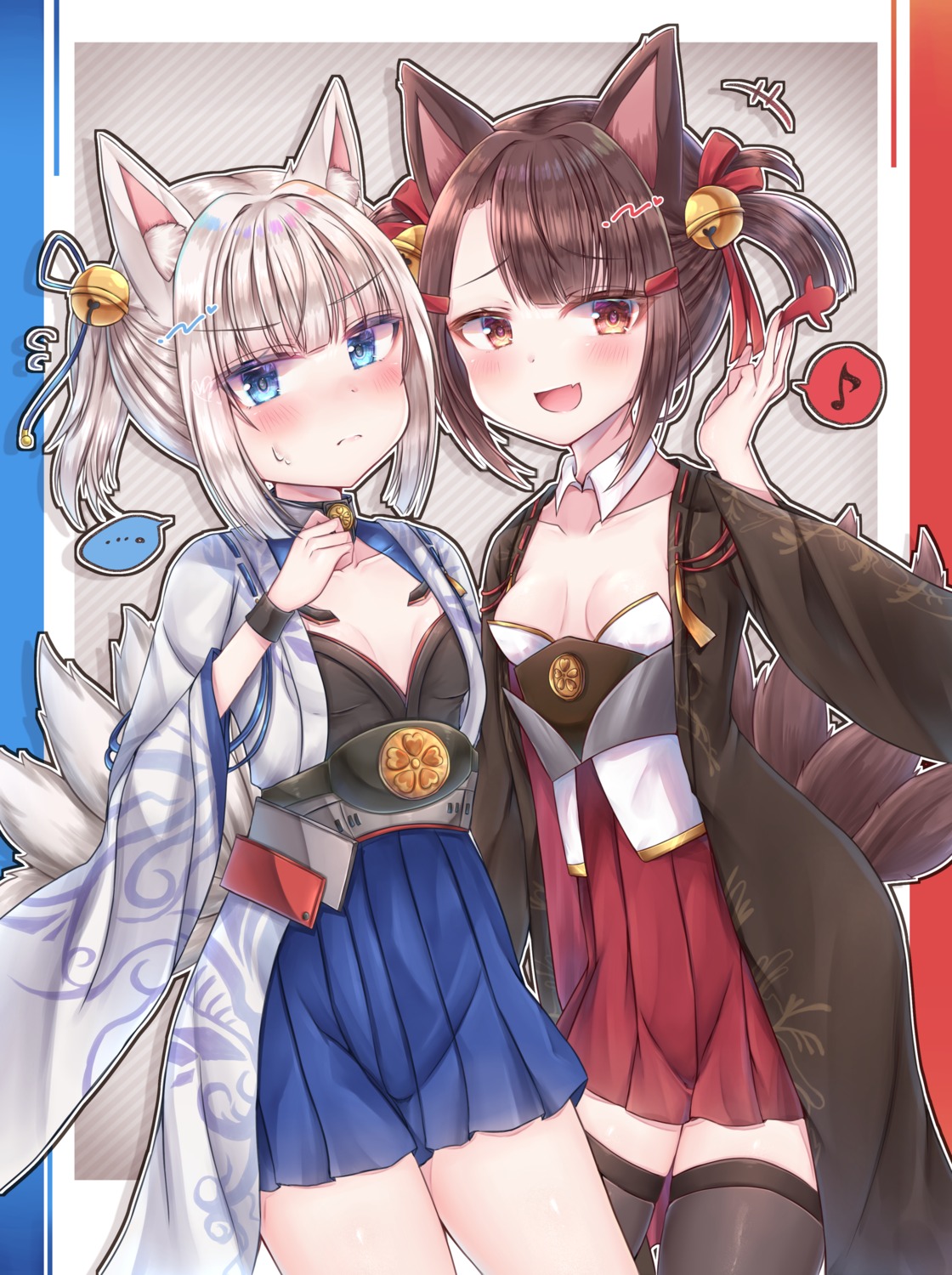 akagi_(azur_lane), animal_ears, azur_lane, himeno_candy, japanese_clothes, kaga_(azur_lane), kitsune, no_bra, tail, thighhighs