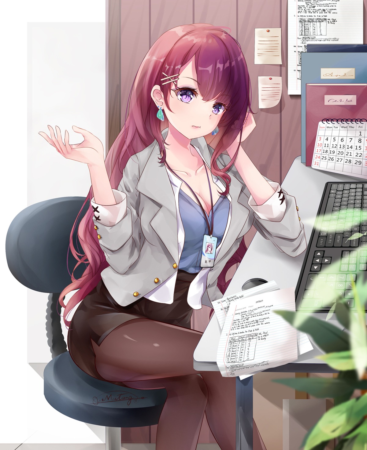 business_suit, cleavage, mutang, pantyhose