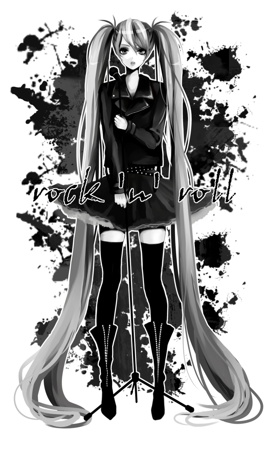 coma, hatsune_miku, monochrome, thighhighs, vocaloid