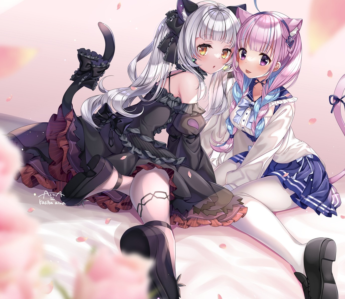 animal_ears, dress, gothic_lolita, hololive, kashiba_aira, lolita_fashion, minato_aqua, murasaki_shion, nekomimi, pantyhose, seifuku, skirt_lift, tail