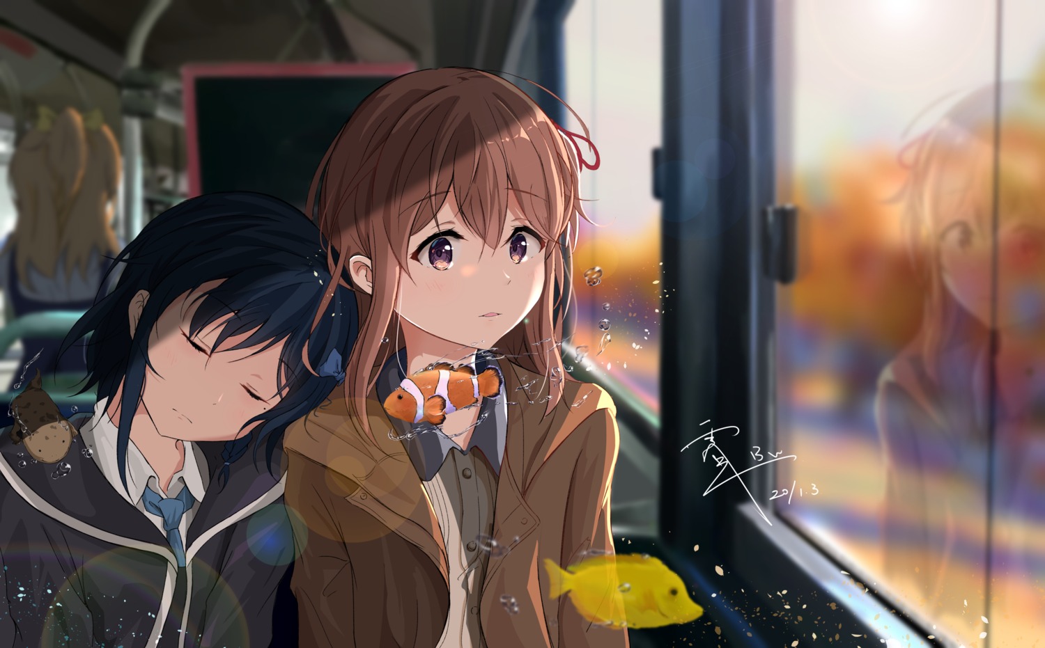 amano_konatsu, b_black_w_white, honami_koyuki, landscape, nettaigyo_wa_yuki_ni_kogareru, seifuku, wallpaper, yuri