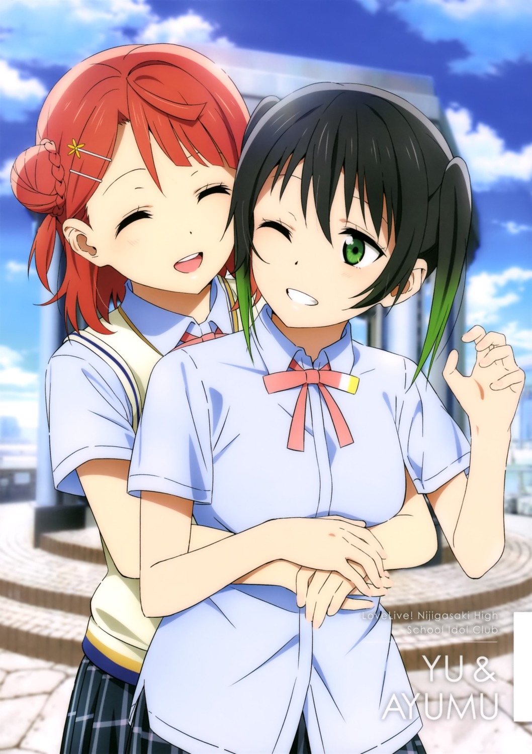 love_live!_(series), love_live!_nijigasaki_gakuen_school_idol_doukoukai, matsumoto_genki, seifuku, sweater, takasaki_yuu, uehara_ayumu, yuri